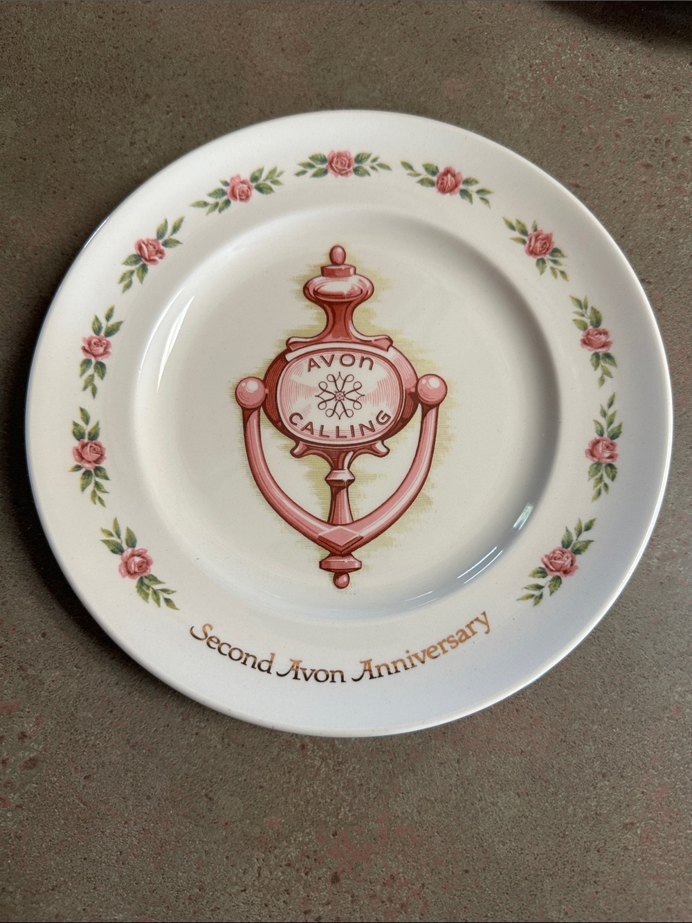 Vintage Avon Calling Second Anniversary Collector Plate - Pink Door Knocker 8"